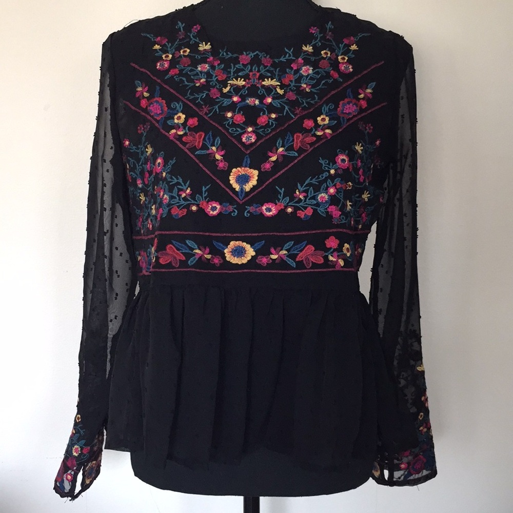 Embroidered Floral Peplum Chiffon Dot Mesh Blouse